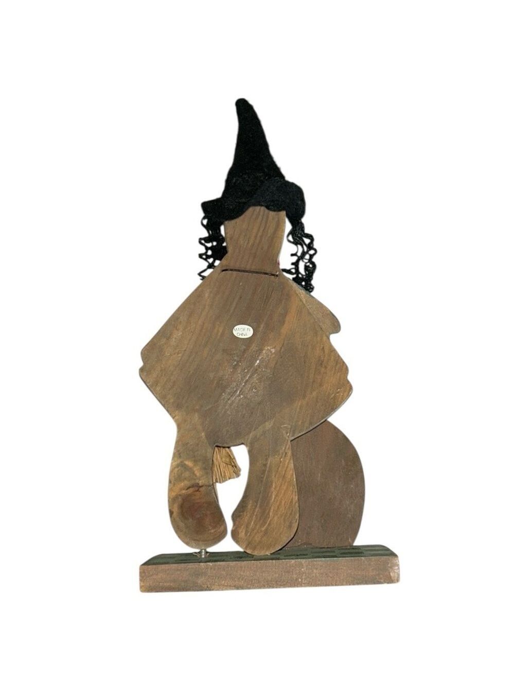 Wooden Halloween Good Witch Figurine with Curly Black Hair and Broom 11” - Picture 7 of 9